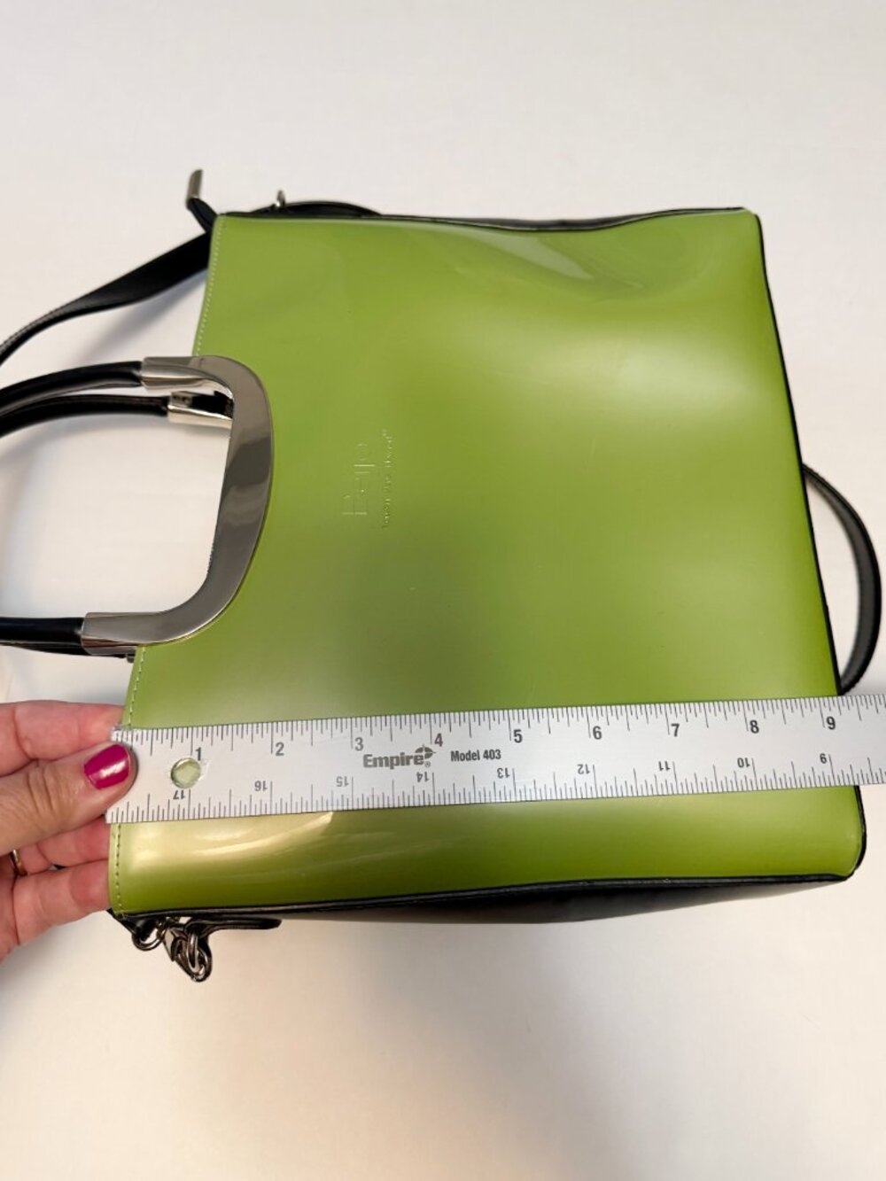 Beijo Vintage Y2K Lime Green/Black Patent Satchel Crossbody Bag Metal Handle - Picture 10 of 13